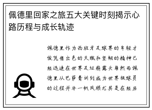 佩德里回家之旅五大关键时刻揭示心路历程与成长轨迹